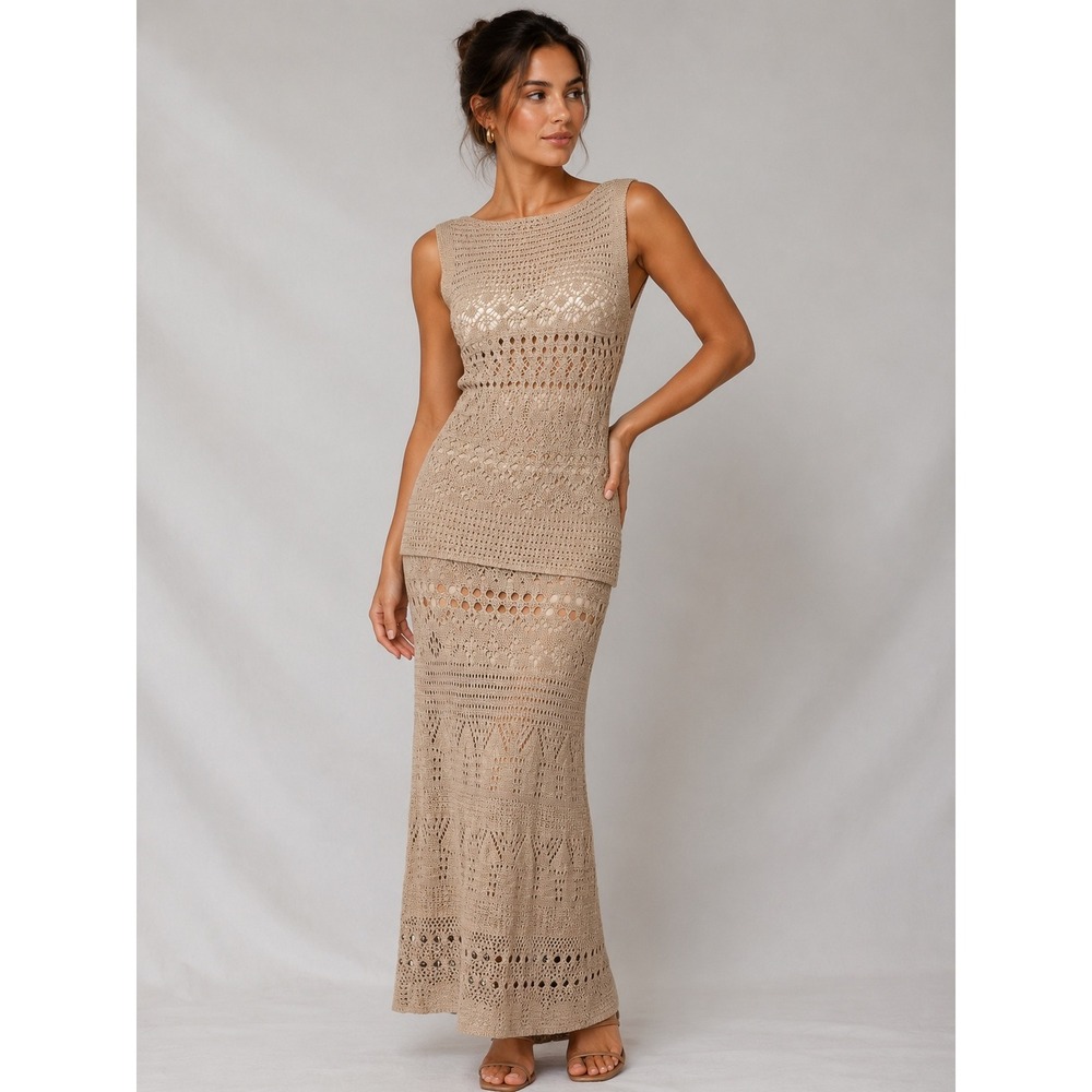 Fate Womens Tan Crochet Knit 2 Piece Set Sleeveless Top Maxi Skirt Beige FW15179